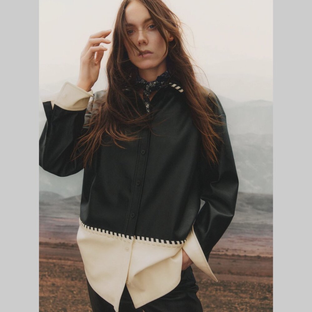 H&M Black and White Leather Jacket with Studded Collar